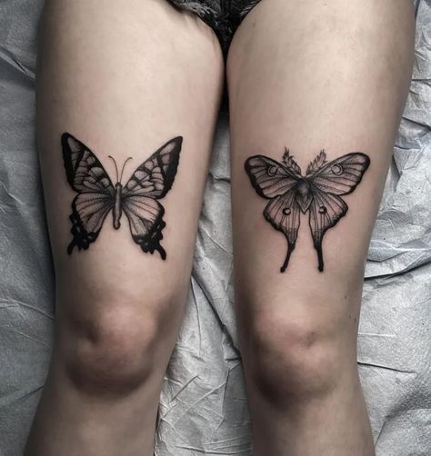 Bee Under Knee Tattoo, Under Knee Moth Tattoo, Above Knee Tats For Women, Over The Knee Butterfly Tattoo, Women’s Above The Knee Tattoo, Moth Over Knee Tattoo, Cover Up Knee Tattoo, Open Knee Tattoo, On Top Of Knee Tattoo