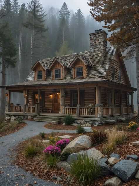 Dark Home Ideas, Cabin Home Exterior, Log Cabin Exterior, Stone Cabin, Dream House Aesthetic, New Home Wishes, Rustic Cabins, Wood Cabin, Little Cabin In The Woods