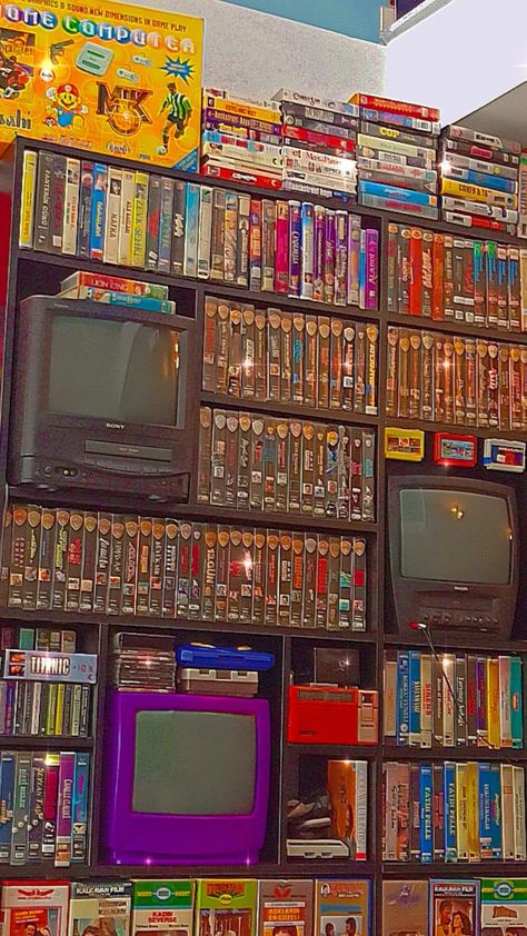 Retro Media Room, 90s Nostalgia Aesthetic Wallpaper, Vintage Gaming Aesthetic, Video Rental Store Aesthetic, 80s Radio Station, Video Game Designer Aesthetic, Blockbuster Aesthetic, Vhs Room, Video Store Aesthetic