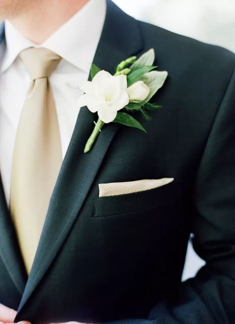 Gardenia Boutonniere, Gardenia Bouquet, Groomsmen Boutonniere, Groom Ties, Winter Wedding Flowers, Gold Tie, Real Weddings Photos, Romantic Flowers, Groomsmen Attire