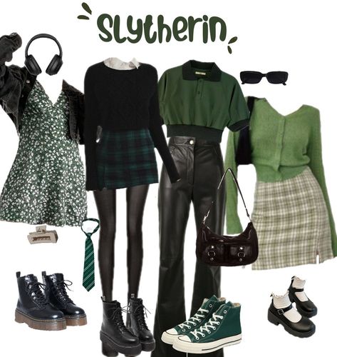 #slytherinoutfit #slytherinstyle #slytherin #harrypotter Slytherin Scarf Aesthetic, Draco Inspired Outfits, Paranormal Aesthetic Outfits, Slytherin Summer Outfit, Slithering Outfits, Hp Uniform, Slytherin Clothes Aesthetic, Slytherin Academia, Slytherin Aesthetic Fashion