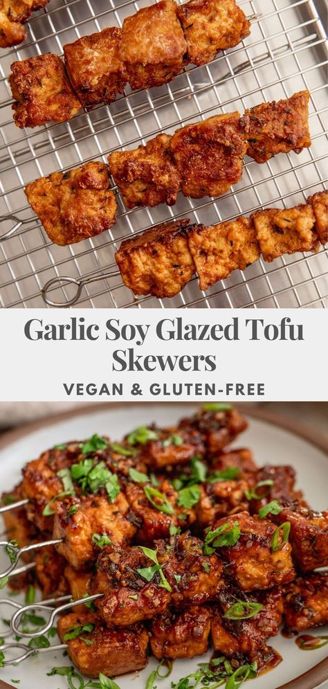 These Garlic Soy Glazed Tofu Skewers get crisp around the edges and are accompanied with a sweet and savory sauce glazed on top. Easy to make with simple ingredients. Tofu Skewers, Glazed Tofu, 30 Minute Meals Easy, Gf Flour, Marinated Tofu, Skewer Recipes, Savory Sauce, No Dairy Recipes, Tasty Bites