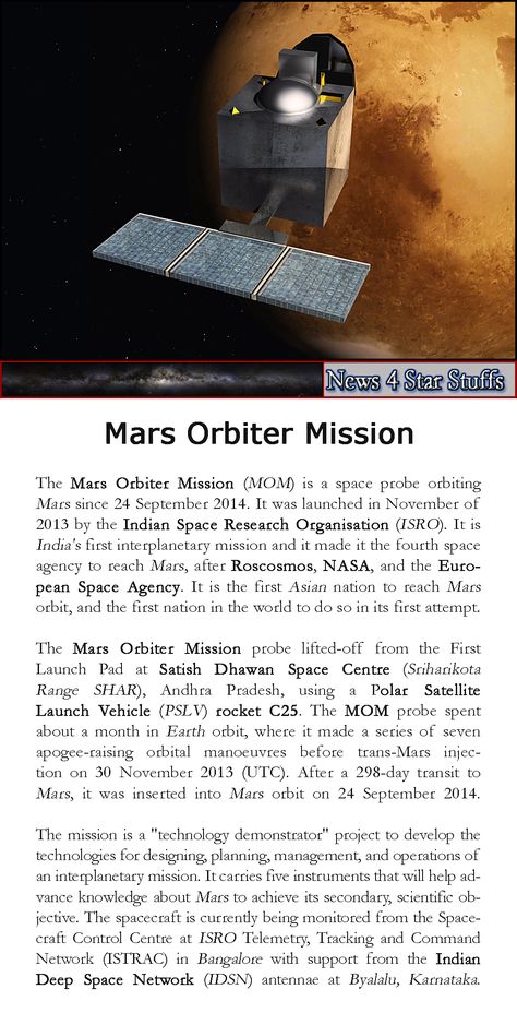 Mars Orbiter Mission ⠀ The Mars Orbiter Mission (MOM) is a space probe orbiting Mars since 24 September 2014. It was launched in November of 2013 by the Indian Space Research Organisation (ISRO). It is India's first interplanetary mission.  #Mars #Insight #MarsOrbiterMission #MOM #IndianSpace #ISDN #IndianSpaceResearchOrganisation #insightnasa #insightmars #space #Astronomy #Spaceflight #Spacecraft #SpaceExploration #MarsExploration #SpaceHistory #OuterSpace  #orbiter #Martian #News4StarStuffs Mars Orbiter Mission, Mars Mission, Space Research, Indian Space Research Organisation, Mars Exploration, Space Probe, Space Astronomy, Mission To Mars, Space Flight