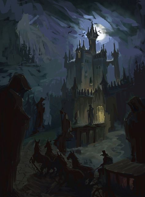 Spooky Castle Illustration, Josh Black, Goth Castle, Dracula's Castle, Ghost Silhouette, Vampire Castle, Spooky Castles, Castle Illustration, Dracula Castle