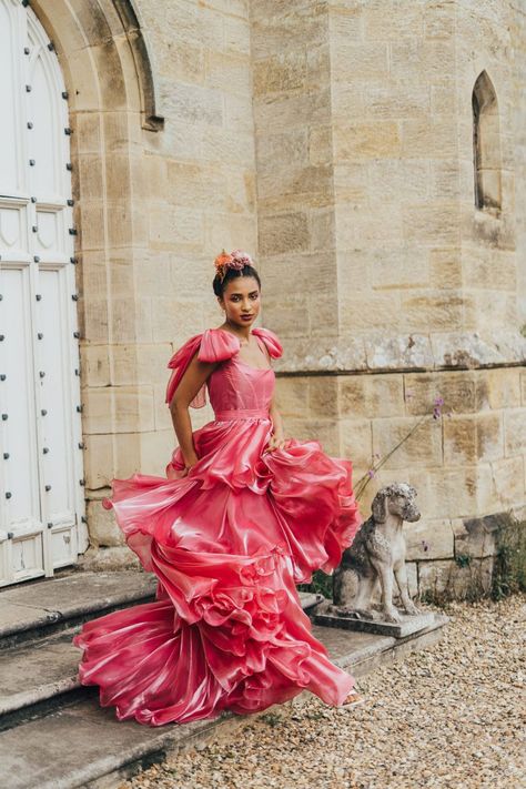 Stunning Pink Wedding Dress with Ruffle Detail and Bow Sleeves | By Rebecca Carpenter Photography | Coloured Wedding Dress | Alternative Wedding Dress | Bright Wedding Dress | Black Bride | Bridal Hair Piece Ruffled Formal Dress, Bright Pink Wedding Dress, Bright Pink Formal Dress, Coloured Wedding Dress Alternative, Pink Satin Wedding Dress, Ruffle Dress Formal, Prom Dresses Princess, Art Inspired Wedding, Carpenter Photography