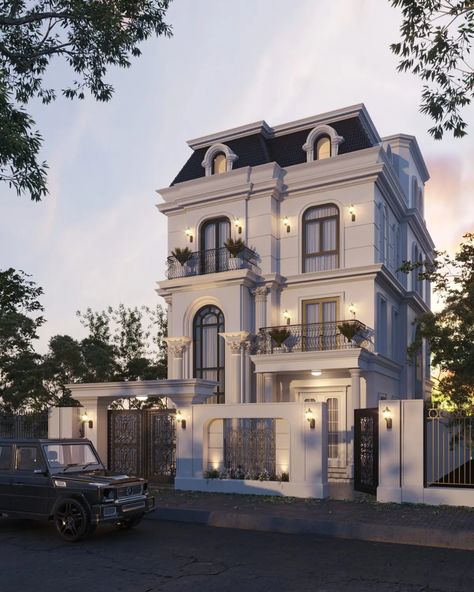 Classic Contemporary House, American Classic House Exterior, Classic Townhouse, Classic Home Exterior, Neo Classic Villa, Kerala Homes, Classic Villa Exterior, American Style House, Classic Facade