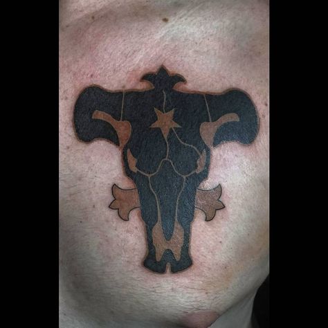 Black Clover Tattoo - Black Bulls emblem Black Bull Tattoo, Black Clover Tattoo, Tattoo Prague, Bull Tattoo, Clover Tattoo, Black Bulls, Clover Tattoos, Bull Tattoos, Anime Tattoo