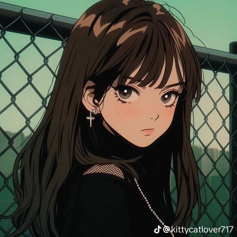 Brunette Anime Woman, Brown Hair Anime Pfp, Brown Hair Girl Drawing, Brown Hair Brown Eyes Girl, Pfp Brown Hair, Brown Hair Pfp, Retro Anime Style, Brunette Green Eyes, Brown Hair Bangs