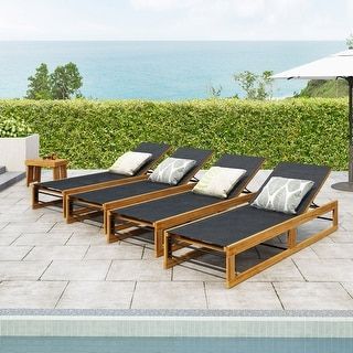 Emile Outdoor Mesh and Wood Chaise Lounge (Set of 4) by Christopher Knight Home - Bed Bath & Beyond - 34810060 Mid Century Modern Pool, Wood Chaise Lounge, Pool Bed, Pool Chaise Lounge, Pool Chaise, Double Chaise Lounge, Pool Lounge Chairs, Pool Chairs, Pool Lounge