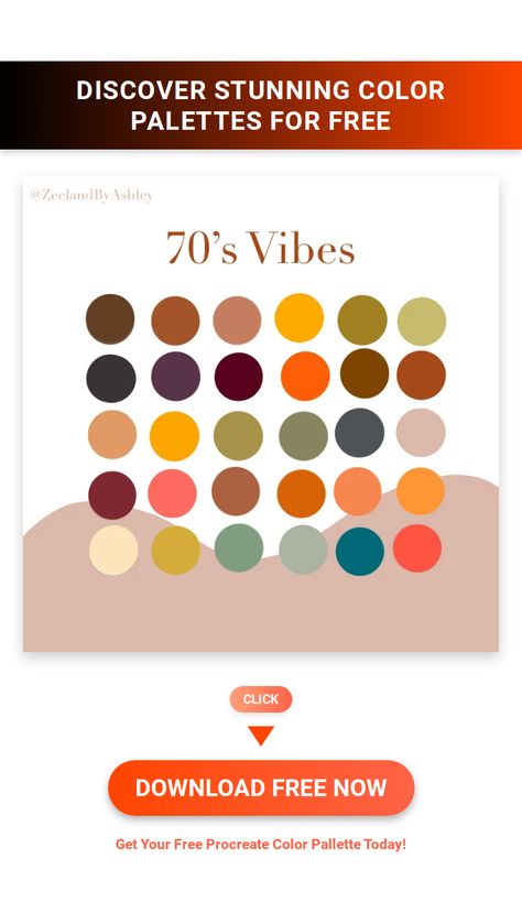 70s retro Procreate palette: 30 vintage colors.  Perfect for creating groovy designs! Free Procreate Color Palettes, Retro Procreate, Retro 70s Aesthetic, Color Palette Vintage, Color Palette For Procreate, Procreate Color Palettes, Procreate Palette, Vintage Colour Palette, Procreate Color Palette