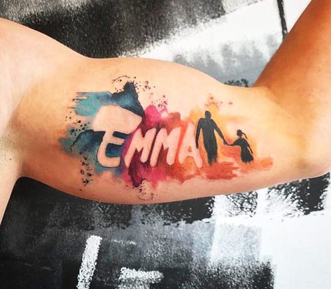 Emma Name Tattoo, Emma Tattoo, Emma Name, Name Tattoo Design, Mo Ganji, Pretty Watercolor, Lettering Tattoo, Harry Potter Tattoos, Religious Tattoos