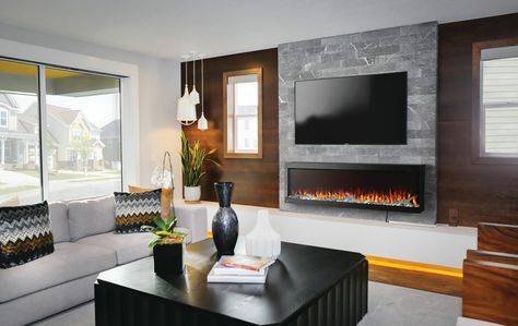 Design tips for a modern fireplace wall with a TV above | Stylish Fireplaces Hanging Electric Fireplace, Napoleon Electric Fireplace, Dimplex Fireplace, Extravagant Party, 60 Inch Electric Fireplace, Fireplace Showroom, Napoleon Fireplace, Dimplex Electric Fireplace, Fireplace Parts