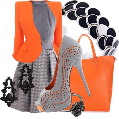 Gray And Orange Outfit, Orange And Gray Outfit, Uniform Inspiration, Sarah Adams, Flared Skirts, Grey Pumps, Circle Skirts, Orange Outfit, Grey Outfit