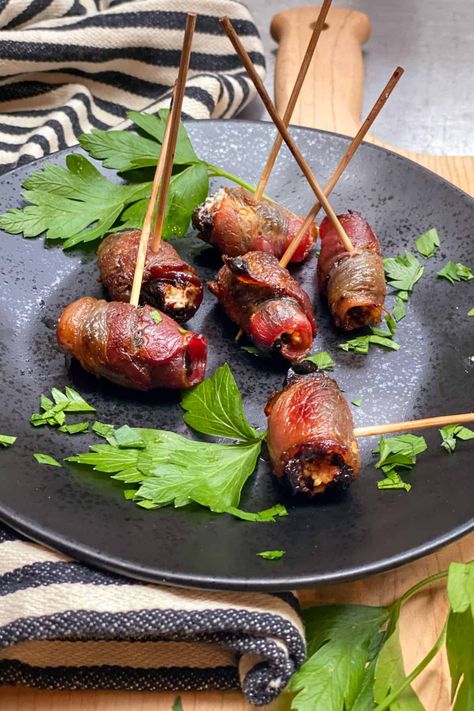 Devils On Horseback l Panning The Globe Stuffed Prunes, Devils On Horseback Recipe, Devils On Horseback, Tapas Recipes, Amazing Appetizers, Party Appetizer, Cheese Stuffed, On Horseback, Sharing Board