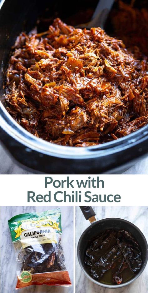 Roasted Red Chili Paste Recipes, Pork In Red Sauce Mexican, Red Chili Pork, Pork Tacos Crockpot, Chili Paste Recipe, Pulled Pork Sauce, Pork Burritos, Chili Pork, Crock Pot Dinner