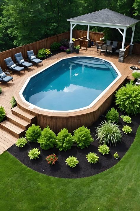 Oasis Backyard Ideas On A Budget, Beautiful Above Ground Pool, Costco Pool Ideas, Above Ground Pool With Patio, Affordable Pool Ideas Backyard, Above Ground Pool Oasis, In Ground Pools Backyard, Backyard With Above Ground Pool, Above Ground Pool Ideas On A Budget Diy