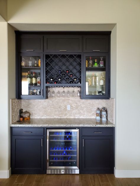 Wine Fridge And Coffee Bar, Dry Bar Countertop Ideas, Home Bar With Storage, Wet Bar With Wine Rack, Murphy Bar Indoor, Bar With Tv In Middle, Man Cave Wet Bar, Bar With Full Size Fridge, Bar With Beverage Fridge