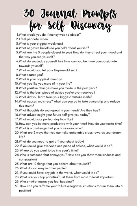 30 Journal Prompts for Self-Discovery 30 Questions For Self Discovery, Journal For Self Love, Journal For Self Discovery, Writing Prompts For Self Discovery, About Me Journal Prompts, Journaling Prompts For Self Discovery, Journalism Prompts, Self Discovery Prompts, May Journal Prompts