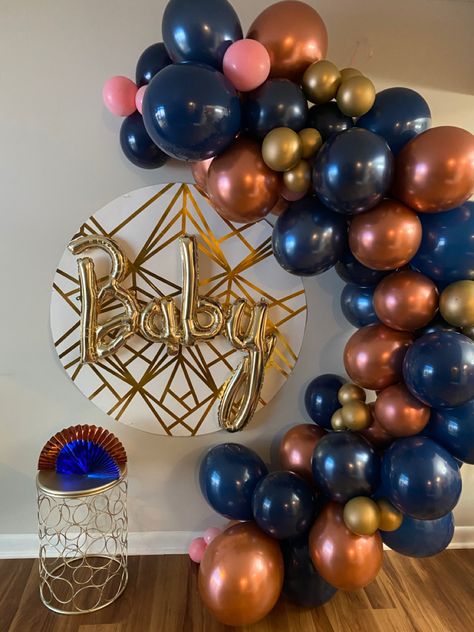 Navy Blue And Rose Gold Gender Reveal, Blue Birthday Themes, Twinkle Twinkle Gender Reveal, Rose Gold Balloon Garland, Gender Reveal Dessert, Navy Blue And Rose Gold, Gender Ideas, Bd Ideas, Gold Balloon Garland