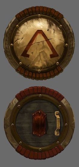 Spartan Shield Shield Design Concept, Female Kratos, Shield Concept Art, Sparta Shield, Shield Drawing, Greek Shield, Shield Designs, Roman Shield, Shield Tattoo