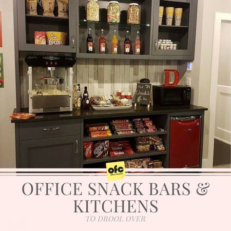 The way to anyone’s heart is through their stomachs. So it makes sense that free, unlimited snacks are becoming a common office perk. To increase employee happiness and productiveness, companies are transforming their office kitchens from a sad Keurig in the corner to a well-decorated... Work Snack Station, Home Theater Snack Bar Ideas, Office Snack Bar, Office Kitchen Break Room, Home Theater Snack Bar, Snack Wall, Business Techniques, Snack Bar Ideas, Office Kitchens