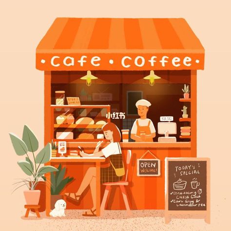 Gift Shop Illustration, Restaurant Illustration Drawing, Coffee Shop Illustration, Bakery Illustration, Smoothie Shop, Wedding Welcome Board, Cute Store, Small Wooden House, Anime City