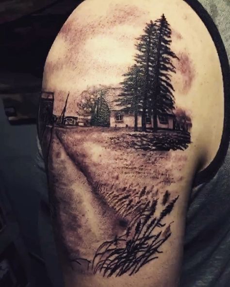 Farmhouse Tattoo, Prairie Tattoo, Farm Tattoo, Canadian Tattoo, Portrait Tattoos, Fresh Farmhouse, Landscape Tattoo, Kelowna Bc, Home Tattoo