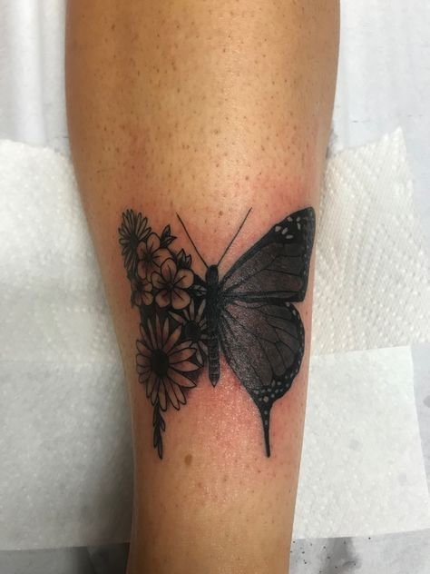 Wildflowers And Butterflies Tattoo, Butterfly Tattoo Calf, Flower Shin Tattoo, Butterfly Shin Tattoo, Butterfly Coverup Tattoo, Butterfly Cover Up Tattoo, Pretty Flower Tattoos, Shin Tattoo, Tattoo Culture