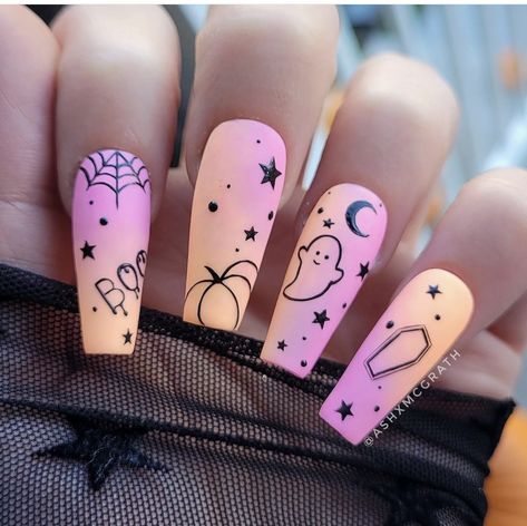 Spooky Matte Nails, Pink And Orange Nails Halloween, Spooky Pastel Nails, Spring Halloween Nails, Halloween Nails Pink And Orange, Pink Purple Halloween Nails, Girly Halloween Nails Short, Pastel Holiday Nails, Pastel Witch Nails