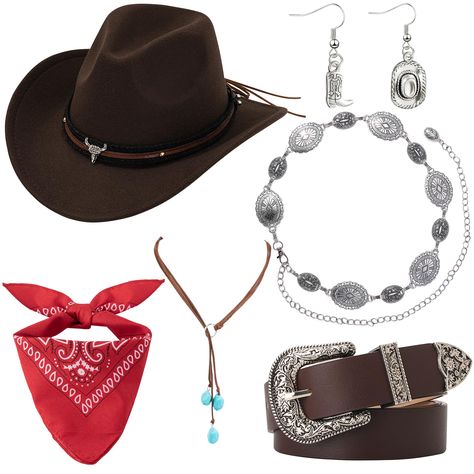 PRICES MAY VARY. COWGIRL ACCESSORIES FOR WOMEN: Our cowboy outfits for women include a brown cowgirl hat, a pair of cowgirl earrings, western necklace, bandana and 2 cowgirl belts. Western cowboy costume allows people to experience western culture, making you feel like a real cowboy. The western cowgirl outfit women is enough to meet your decorative needs and create personalized outfits. Cowgirl costume for women makes you more attractive WESTERN COSTUME FOR WOMEN: The womens western outfit is m Cowboy Costume Ideas Women, Cowgirl Sheriff Costume, Cowgirl Outfits Bandana, Cowboy Outfits For Women Halloween, Ideas For Halloween Costumes For Women, Cowboy Costume Ideas, Brown Halloween Costumes, Western Halloween Costumes, Cowboy Couple Costume