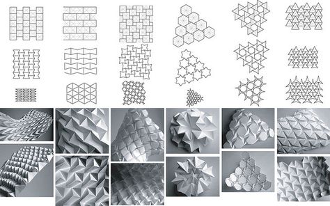 Some of my old folding experiments. See a video of them in action here I think the first one is what people call a waterbomb tesselation. Number 3 and 6 I think are usually associated with Ron Resch. I dont know if 2, 4 and 5 have been documented before. Number 2 has a surprising very slight single curvature when fully folded, which is associated with the near packing of tetrahedra I wrote about here: spacesymmetrystructure.wordpress.com/2007/07/20/an-unexpe... Architecture Origami, Folding Architecture, Folding Structure, Origami Architecture, Paper Structure, Paper Architecture, Origami And Kirigami, Paper Engineering, Folding Origami