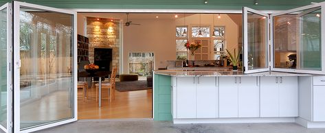 NanaWall Systems Opens A Kitchen To The Great Outdoors | NanaWall Nana Wall, Folding Windows, 3 Season Room, Front Courtyard, Kitchen Inspiration Design, Coastal Interiors, Folding Doors, Wall Systems, Window Wall