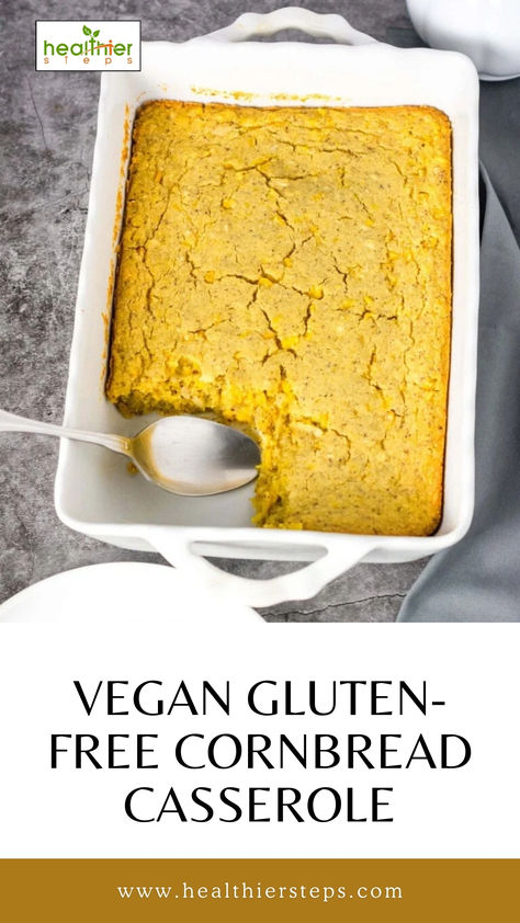 This is Vegan Gluten-Free Cornbread Casserole by healthier steps Vegan Corn Casserole Recipe, Vegan Corn Casserole, Cornbread Vegan, Vegan Cornbread, Gluten Free Cornbread, Corn Casserole Recipe, Cornbread Casserole, Healthy Casseroles, Bobs Red Mill