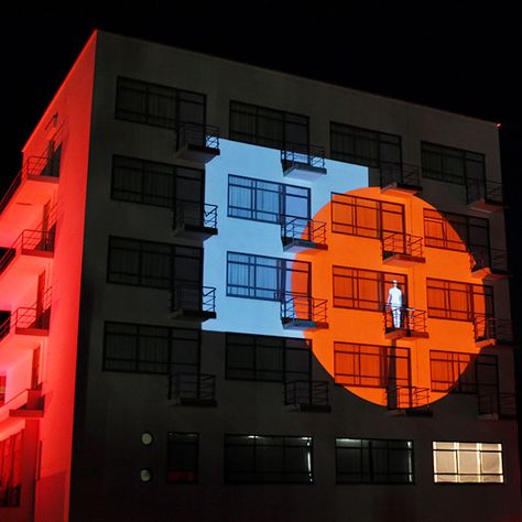 Façade Projection | Dessau, Germany, 2009. BAUHAUS celebrating its 90th anniversary with a projection mapping on Prellerhaus façade. Video Mapping Projection Installation, Creativity Video, Summer Desktop Backgrounds, Projection Installation, 3d Mapping, Facade Lighting, Entrance Sign, Interactive Installation, Architectural Lighting