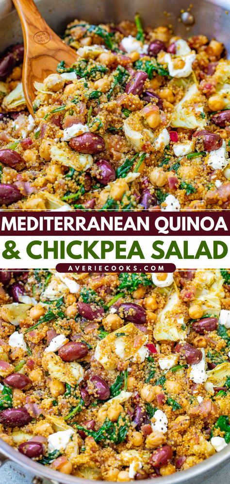 Mediterranean Quinoa Salad Recipe - Averie Cooks Quinoa Chickpea Salad, Easy Quinoa Salad, Mediterranean Foods, Mediterranean Quinoa, Quinoa Salad Recipe, Mediterranean Flavors, Easy Quinoa, Clean Eating Salads, Mediterranean Quinoa Salad