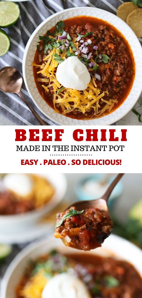 This Instant Pot chili recipe is a delicious combination of beef, veggies, tomatoes and spices, all simmered together in a pressure cooker until it's perfectly rich and hearty. An easy, quick way to make classic no bean chili! Stovetop and slow cooker instructions included. This healthy chili is super satisfying and packed with protein. It's naturally Paleo, Whole30 and Gluten Free. Nothing beats a comforting bowl of chili! #chili #instantpot #healthy #easy Instant Pot No Bean Chili, Instant Pot Chili No Beans, Chili Stovetop, Chili Recipe Instant Pot, No Bean Chili Recipe, Instant Pot Chili Recipe, Quick Chili, Recipes With Kidney Beans, Instant Pot Chili