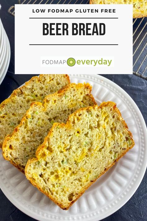 Our Low FODMAP Beer Bread is a savory quick bread that relies on beer and baking powder to rise. The batter can be made while the oven preheats and while we love it with the caraway seeds, cheese and scallions, you can leave them out for a plain version. #glutenfree #vegetarian #lowfodmapbread #lowfodmapdiet#fodmap #lowfodmap #fodmapeveryday #ibs #ibsdiet Low Fodmap Bread, Savory Quick Bread, Batter Bread, Fodmap Baking, Fod Map, Gf Snacks, Microwave Bread, Fodmap Food, Low Fodmap Diet Recipes