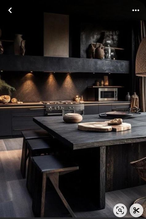 Earthly Home Decor, Black Rustic Decor, Industrial Interior Design Kitchen, House Styles Modern, Moody Kitchen, Modern Goth, Mediterranean Interior Design, Mediterranean Interior, Island Table