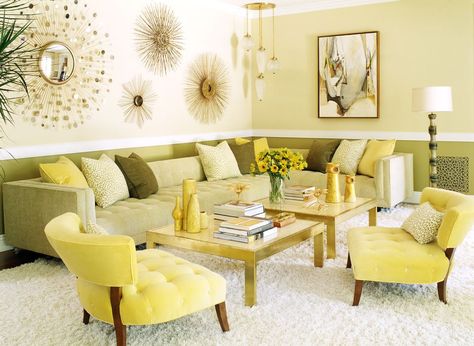 Yellow Living Room Colors, Yellow Living Room Furniture, Monochromatic Interior Design, Monochromatic Interior, Monochromatic Decor, Combination Color, Spring Living Room, Retro Living Rooms, Living Room Decor Inspiration