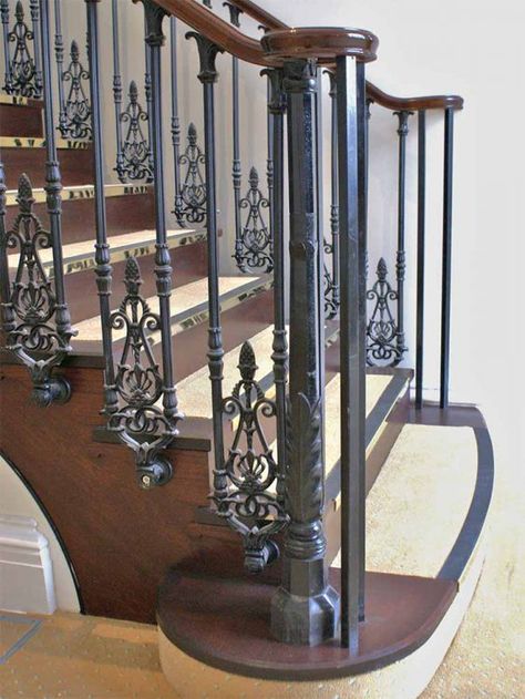 Original Staircase, Wrought Iron Banister, Victorian Stairs, Dark Staircase, Wrought Iron Stair Railing, Gate Wall Design, Staircase Railing Design, Traditional Staircase, Iron Stair Railing