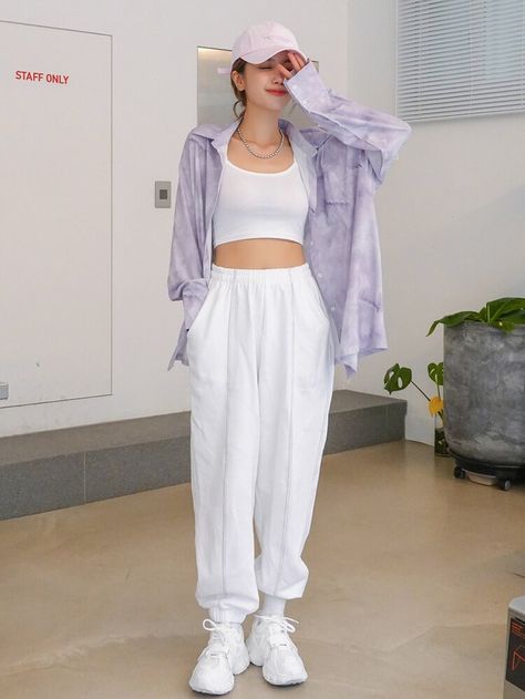 Tie Dye Drop Shoulder Blouse | SHEIN USA White Korean Outfit, Drop Shoulder Blouse, White Korean, Techwear Outfits, Dance Outfits Practice, Soft Girl Outfits, Outfits Edgy, Pattern Cardigan, Buffalo Plaid Pattern