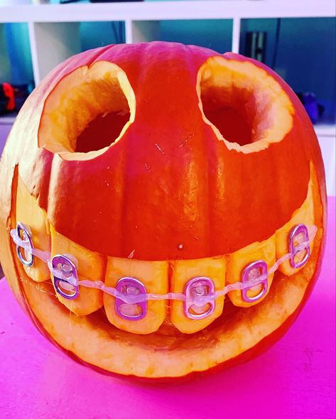 #halloween #pumpkin #carved #cute #decoration #braces #spooky Pumpkin With Braces, Halloween Braces, Pumpkin Carved, Braces Colors, Carved Pumpkin, Pumpkin Halloween Decorations, Pumpkin Halloween, Halloween Pumpkin, Braces