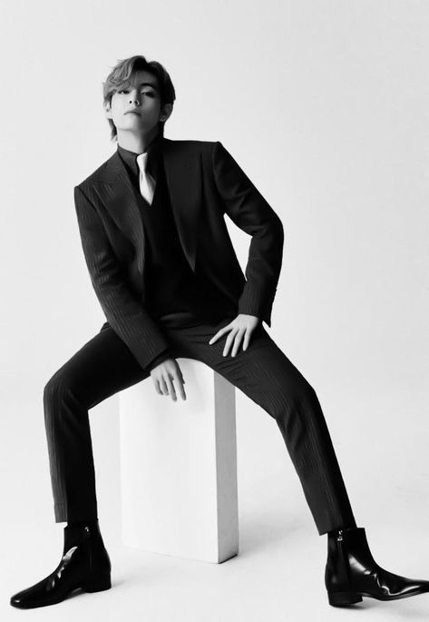 Sitting Pose Reference, Male Portrait Poses, Black Suit Men, Male Models Poses, Sitting Poses, Album Cover Design, Vogue Korea, Male Portrait, Formal Shirts For Men