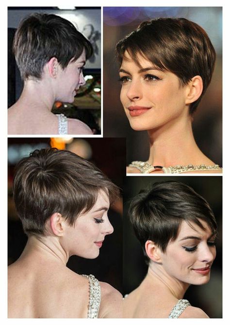 Ann Hathaway Pixie Haircut, Pixie Haircut Anne Hathaway, Short Hair Anne Hathaway, Thick Straight Short Hairstyles, Anna Hathaway Short Hair, Garcon Haircut Woman Hair, Parisian Pixie Haircut, Super Short Hairstyle Women, Anne Hathaway Pixie Cut