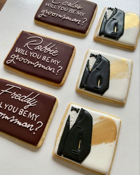 Groomsmen Cookies Proposal, Groomsmen Cookies, Junior Groomsmen, Be My Groomsman, 2025 Wedding, Man Cookies, Sugar Cookie Designs, Groomsmen Proposal, Bridesmaid Box