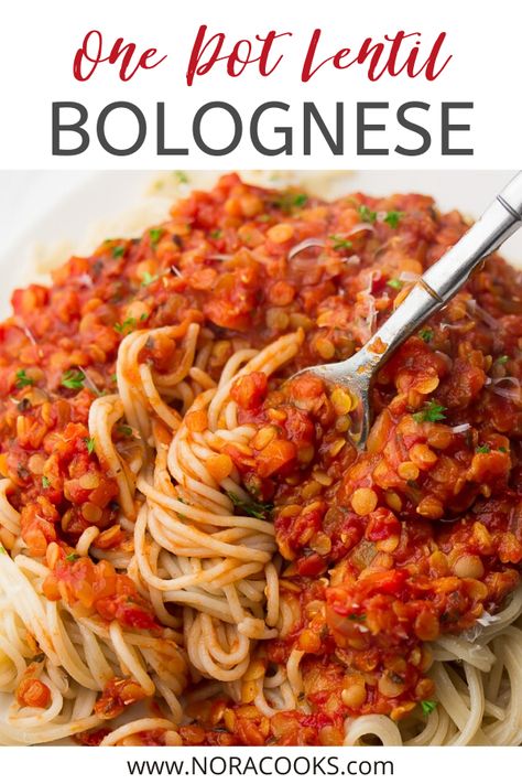 Easy Vegan Lentil Bolognese is hearty, flavorful and so satisfying! Simple to make in 1 pot, and perfect over spaghetti. #vegan #plantbased #vegetarian Lentil Spaghetti Bolognese, Lentil Bolognese Slow Cooker, Easy Healthy Vegan Dinner, Homemade Zucchini Noodles, Lentil Spaghetti, Vegan Lentil Bolognese, Vegan Proteins, Nora Cooks, Pantry Meals