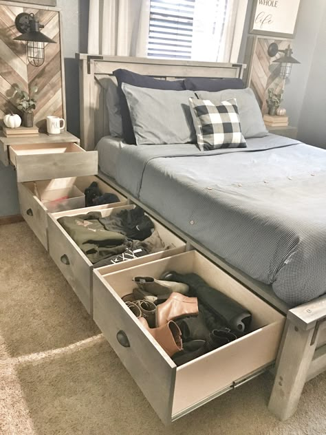 California King Bed With Storage, Queen Beds With Storage Underneath, Build Bed Frame With Storage, Diy Bedframe Queen With Storage, Queen Size Bed Frame With Storage, Rustic Bed Frame With Storage, Queen Bed With Storage Diy, Custom Bed Frames, Storage King Size Bed