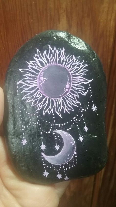 Sun and moon painted rock- kindness rocks project Sun And Moon Painted Rocks, Moon And Sun Painting, Moon Rock, Garden Rock Art, Moon Painting, Kindness Rocks, Sun Moon, Rock Painting Art, Girls Rock