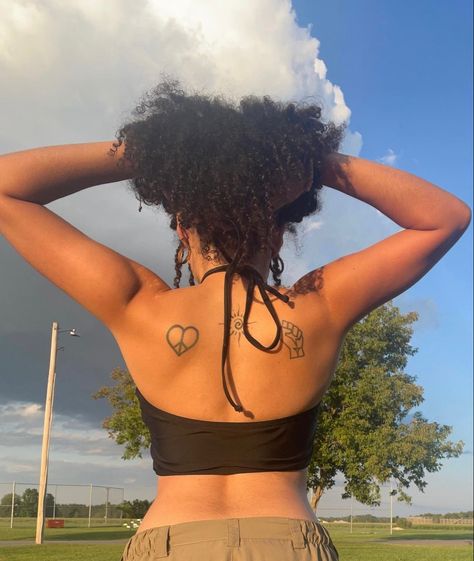 Eqaulity Fist, Sun, & Heart Peace Sign on back of shoulders Sun Peace Sign Tattoo, Hippie Tattoos, Peace Sign Tattoo, Heart Peace Sign, Peace Sign Tattoos, Hippie Tattoo, Sign Tattoo, Back Of Neck Tattoo, Tattoo Stencils