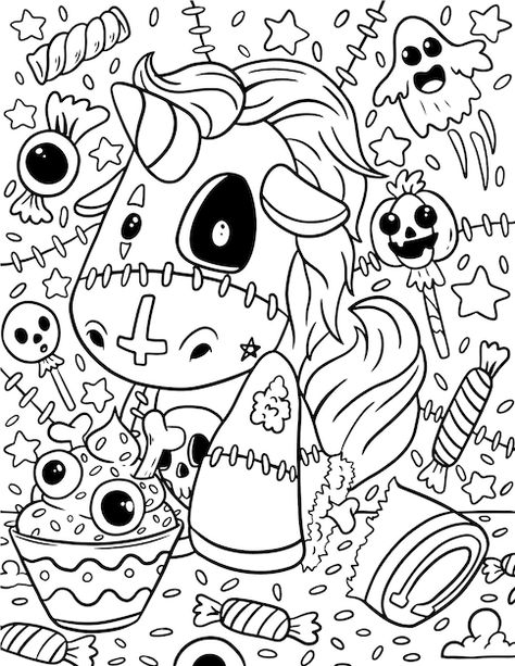 Cute Halloween Coloring Pages, Space Coloring Pages, Kawaii Pastel Goth, Rainbow Canvas, Unicorn Halloween, Cute Goth, Truck Coloring Pages, Kawaii Illustration, Coloring Page Ideas